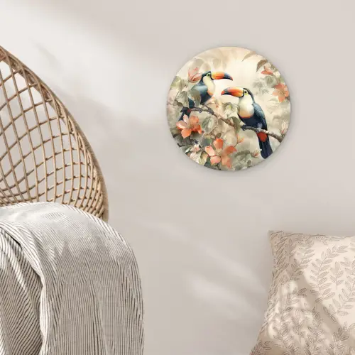 Toekan - Vogels - Bloemen - Tak Wandcirkel kunststof plaat 5mm dik klein -sfeer5
