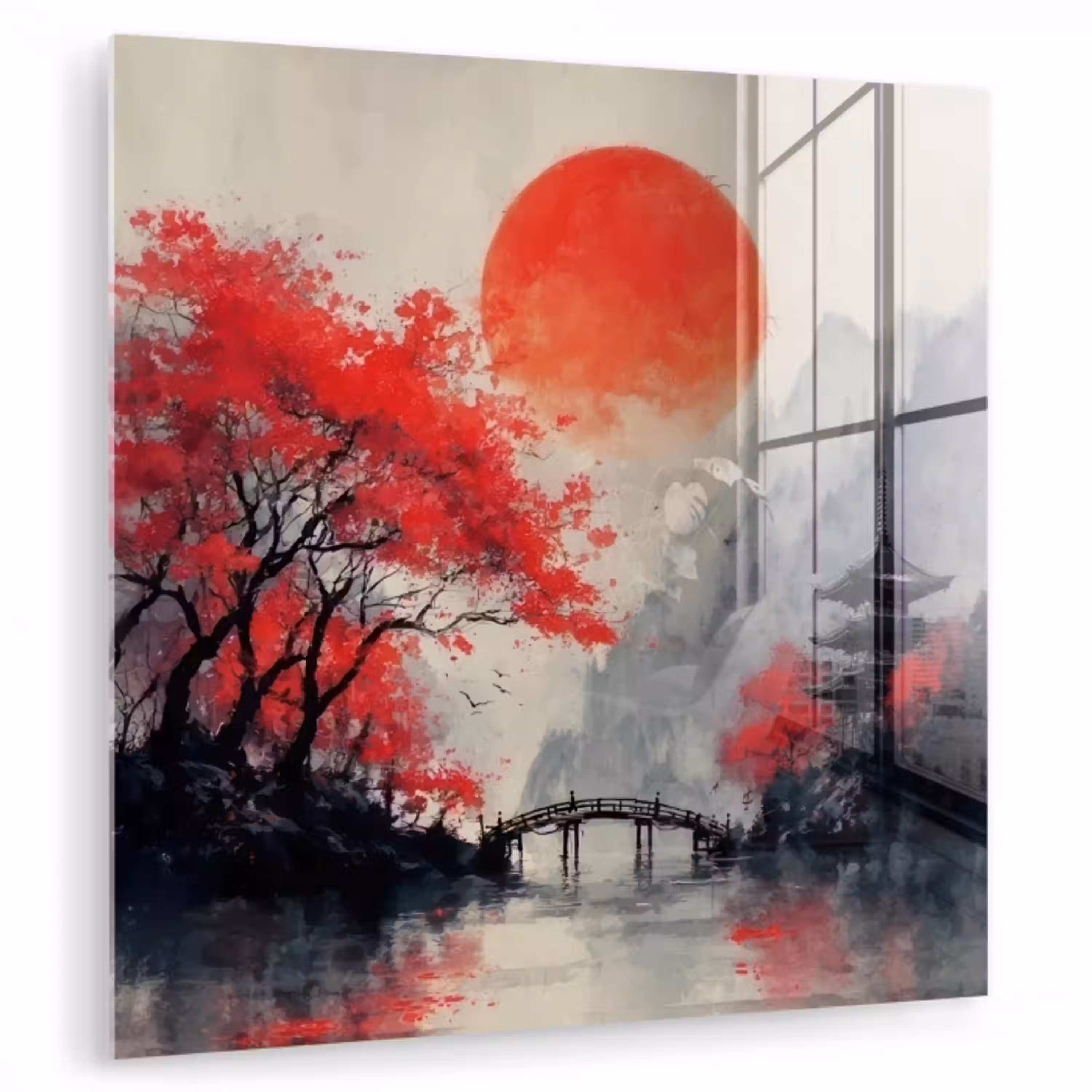 Rode zon - Rivier - brug - Bomen plexiglas 5mm klein -zzzproduct_nieuw