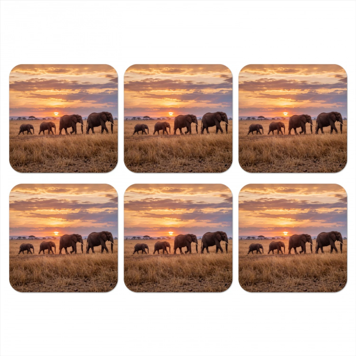 Olifanten - Savanne - Zonsondergang - Afrika - Warm onderzetter kurk middel -3d