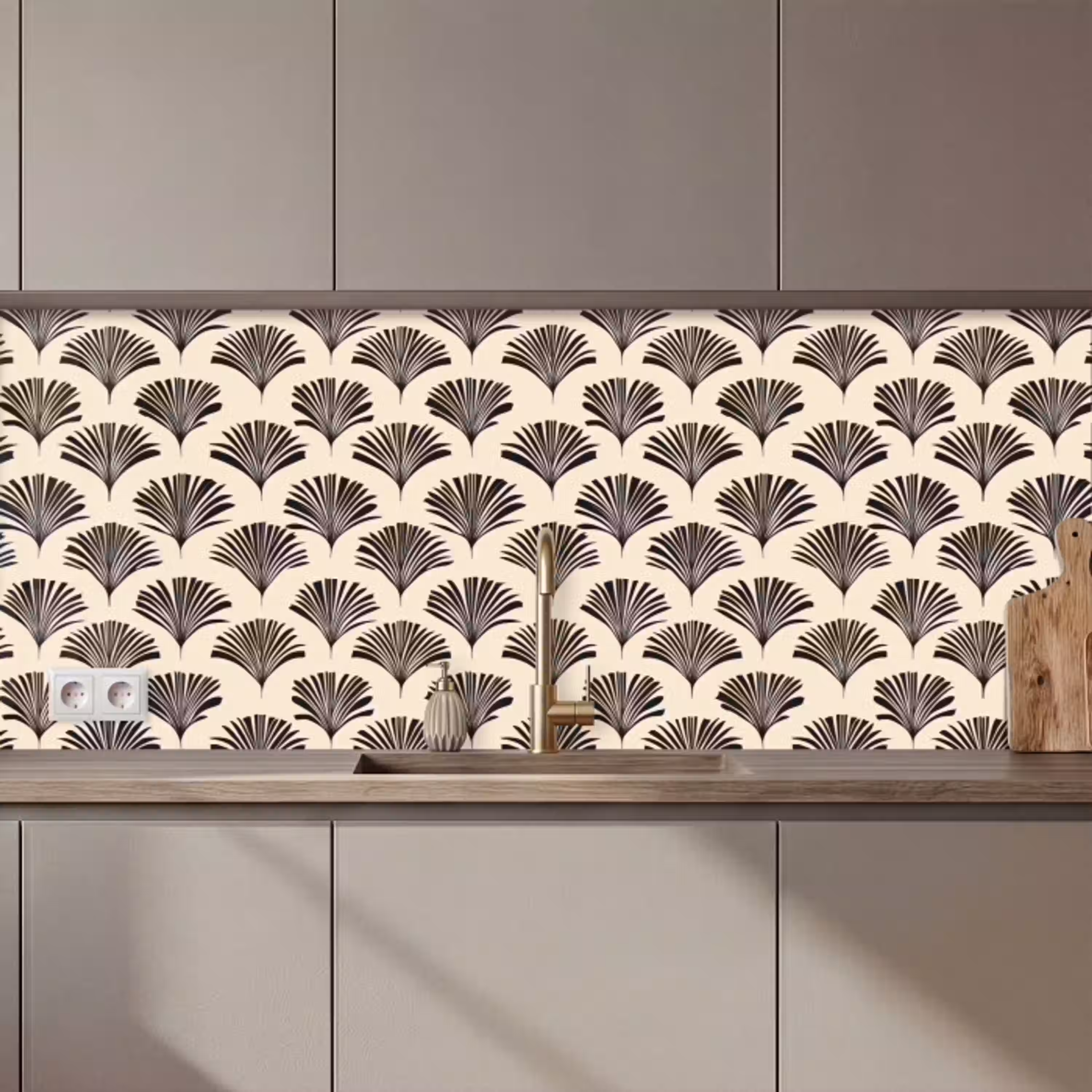 Waaiers - Botanisch - Zwart - Beige keuken achterwand 2 middel 871 zz_3dshopping
