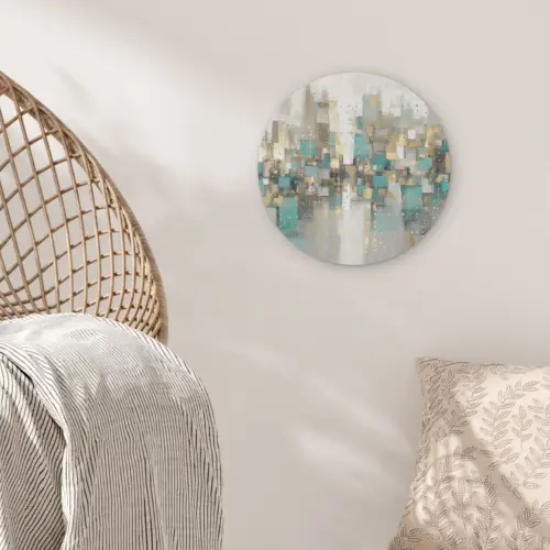 Abstract - Blokken - Goud - Skyline Akoestische PET Vilt - Rond klein -sfeer4