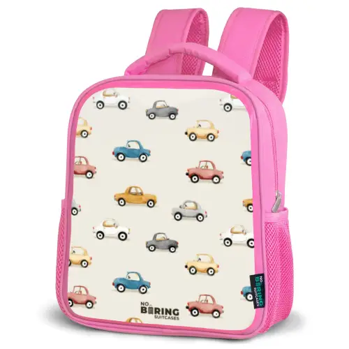 Kleurrijke retro autootjes Kinderrugzak - Roze middel -schuin