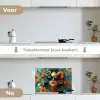 Vrouw - Bloemen - Oranje - Blauw - Modern keuken achterwand spatscherm klein -voor_na_NL