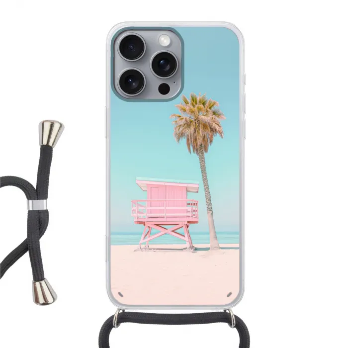 Palmboom - Strandhuis - Roze Hoesje iPhone 16 Pro Max met koord klein -3d