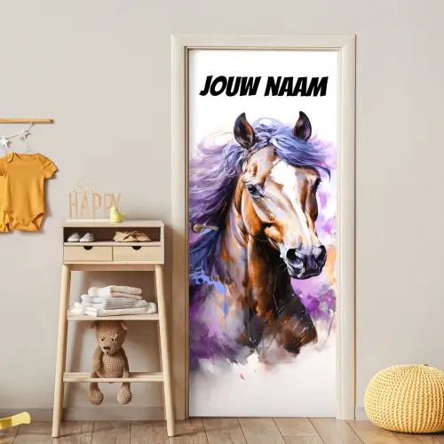 Paard met kleurrijke manen en naamtekst deurposter klein -sfeer4