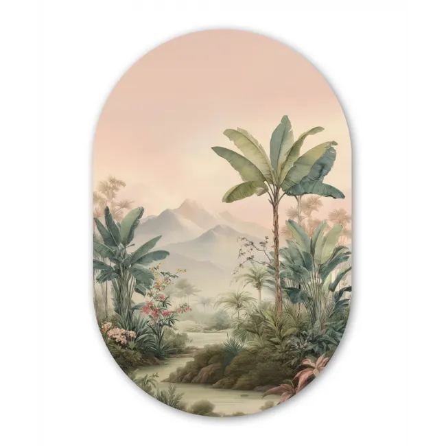 Muurovaal - Tropisch landschap - palmbomen - Bloemen - Roze lucht