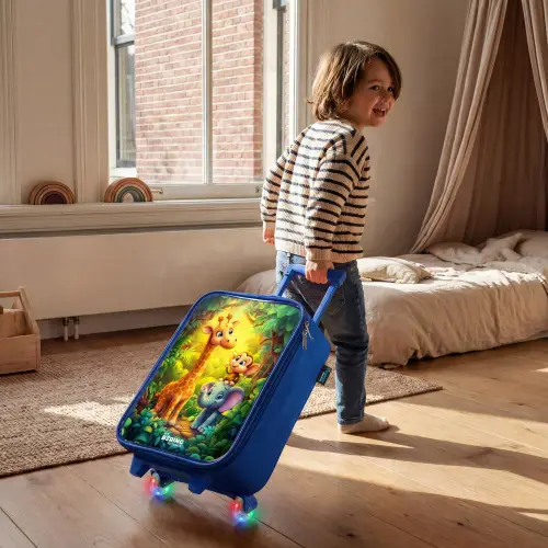 Giraf, olifant en aapje in het bos Kinderkoffer - Blauw klein -sfeer1
