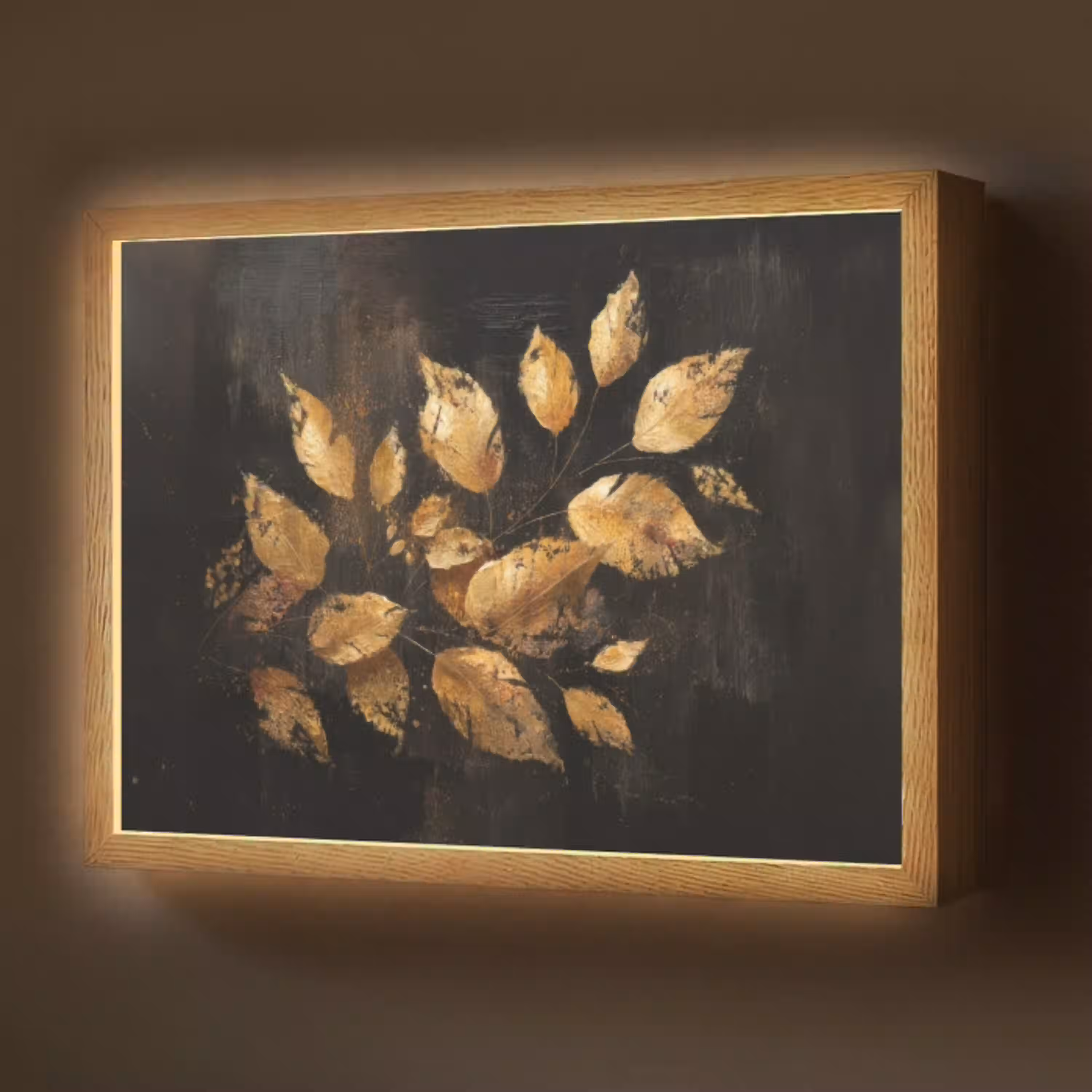 Gouden Bladeren op Donkere Achtergrond Light Box met batterij (Wandlamp) middel -z3d_website