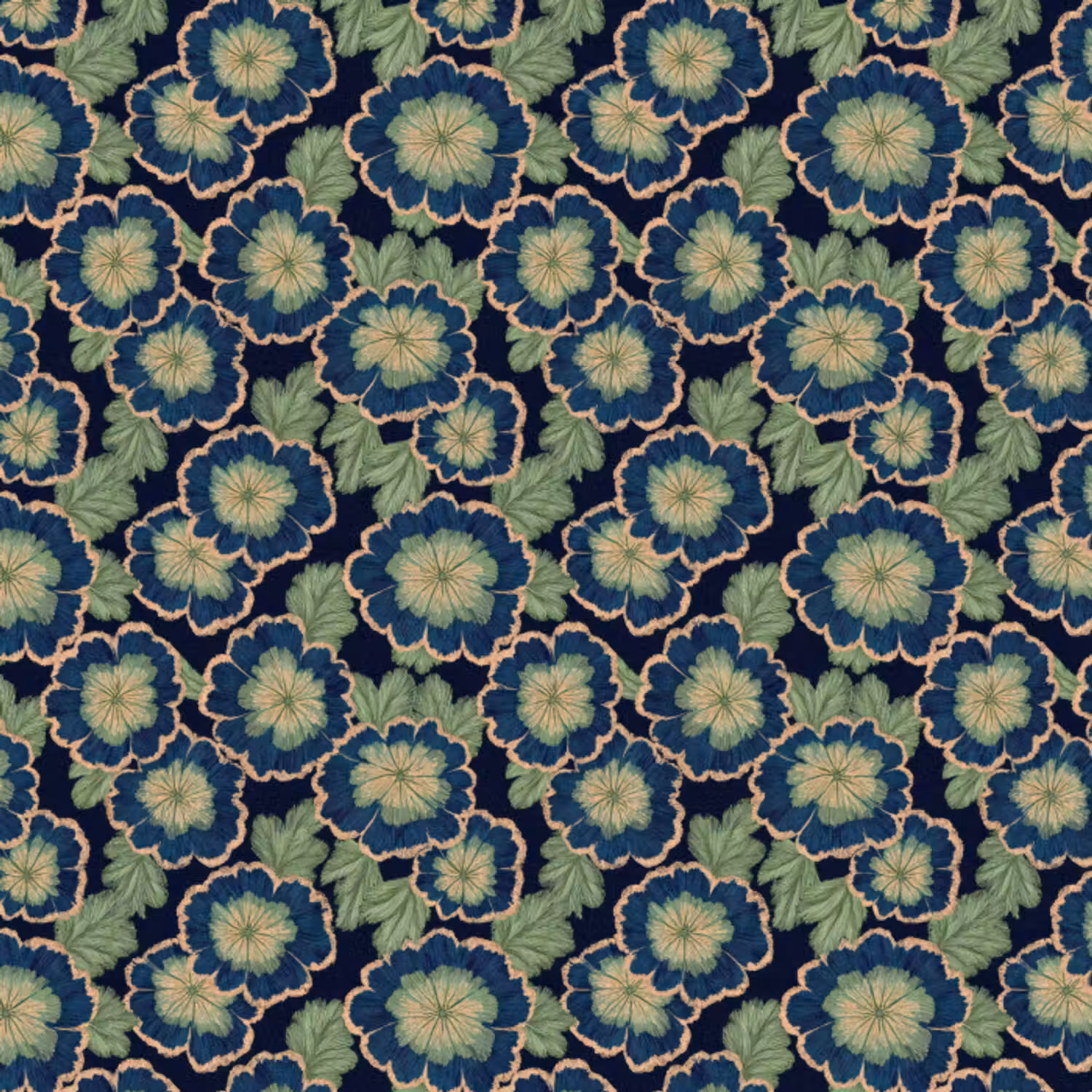 Tapete - Blumen - Stickerei - Muster - Blau - Grün