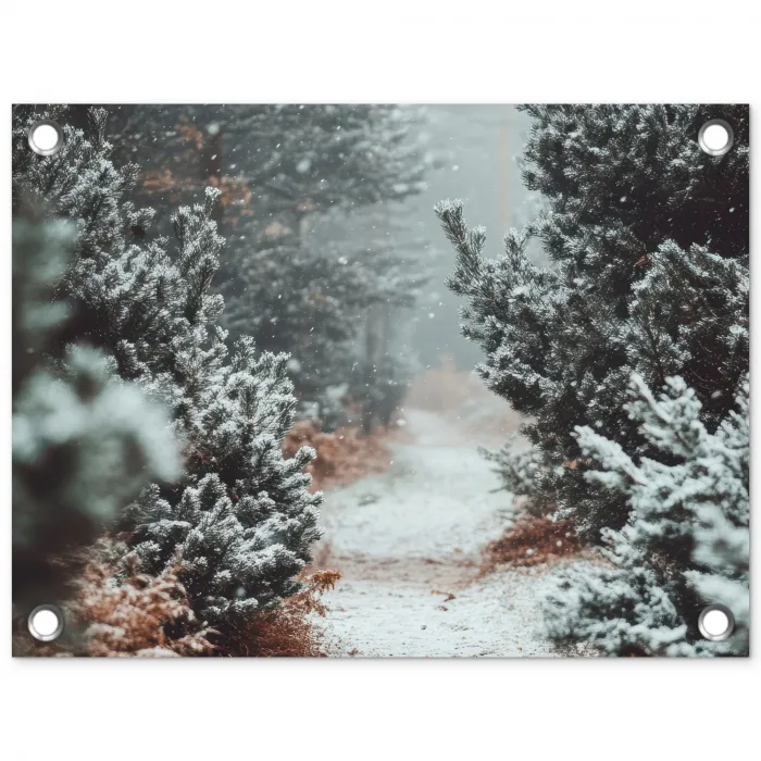 Bos - Winter - Bomen - Natuur - Pad - Sneeuw tuinposter los doek klein -3d