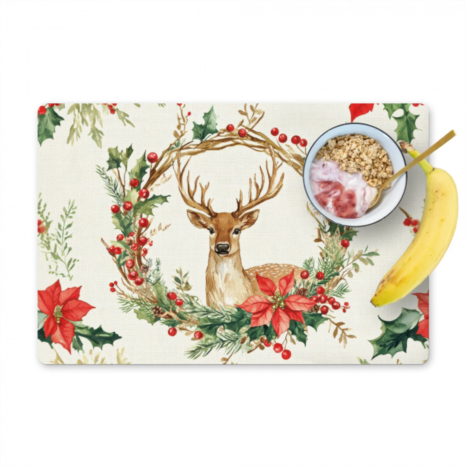 Kerstkrans - Hert - Hulst - Rood Placemat vinyl groot -zzzproduct_Kitchenyeah-website