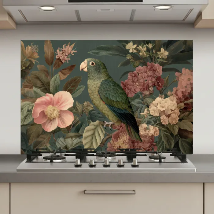Groene papegaai - Kleurrijke bloemen - Donkere achtergrond keuken achterwand spatscherm klein -3d_website