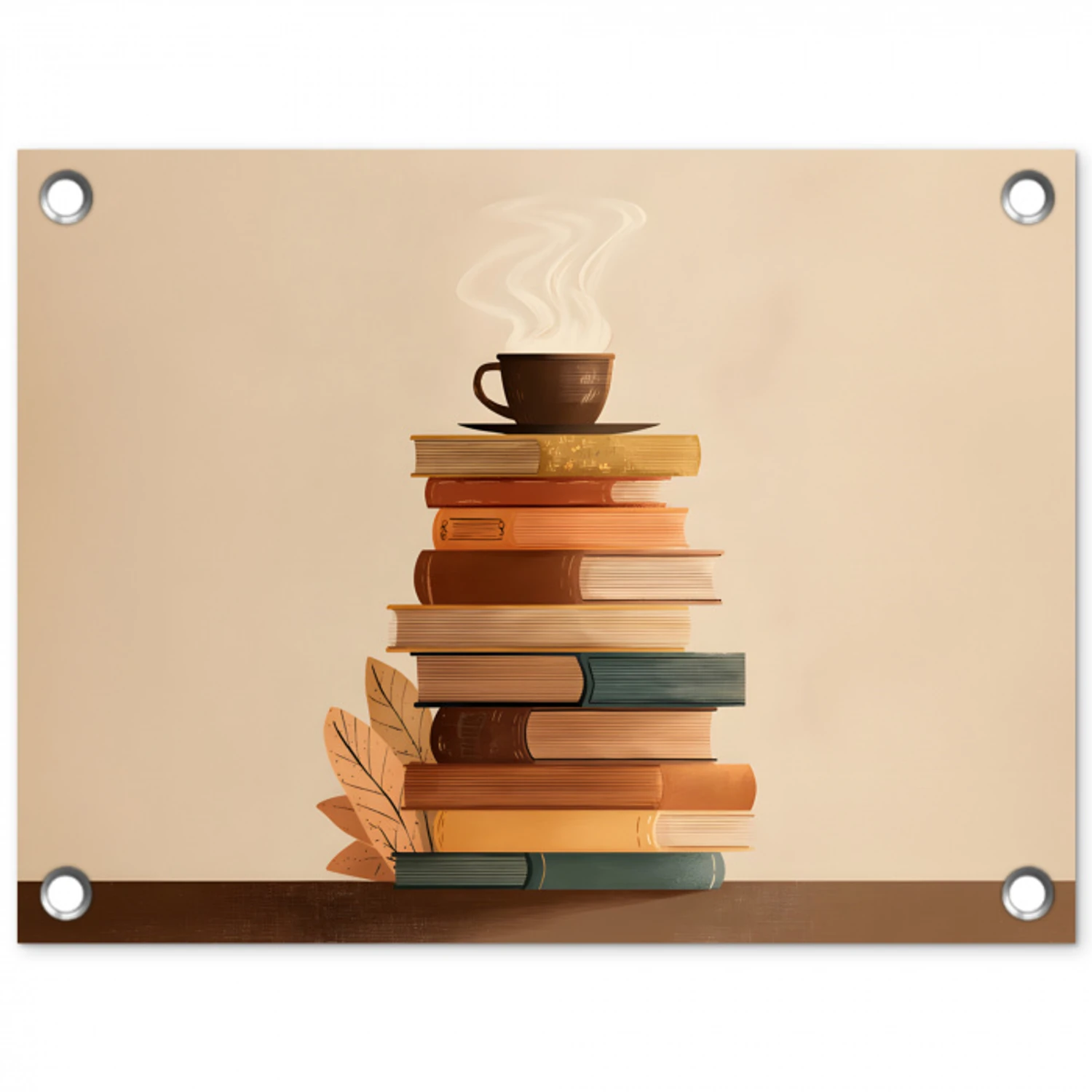 Boeken - Toren - Koffie - Beige tuinposter los doek klein -3d