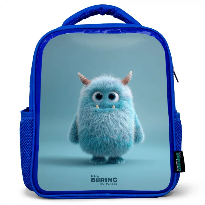 Blauw pluizig monster met hoorns Kinderrugzak - Blauw middel -3d