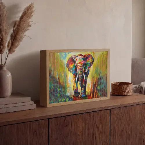 Olifant - Kunst - Schilderij - Dieren - Regenboog Light Box met batterij (Wandlamp) middel -sfeer2