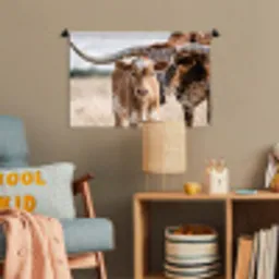 Texas Longhorn - Kalf - Weide - Dieren Wandkleed katoen klein -wsfeer4_kind