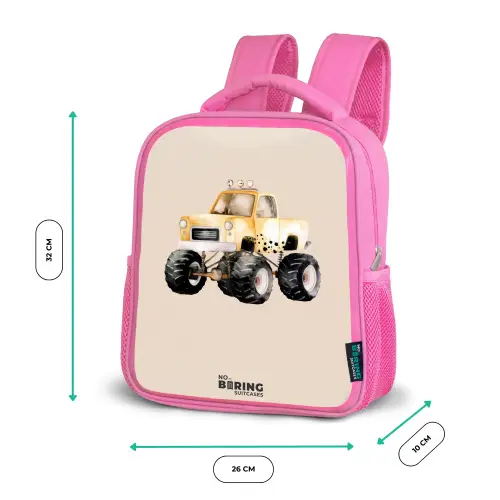 Gele monstertruck op een beige achtergrond Kinderrugzak - Roze middel -productfoto_formaten
