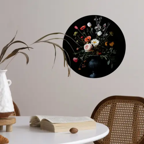 Bloemstuk - Vaas - Zwart Wandcirkel behangsticker klein -sfeer3