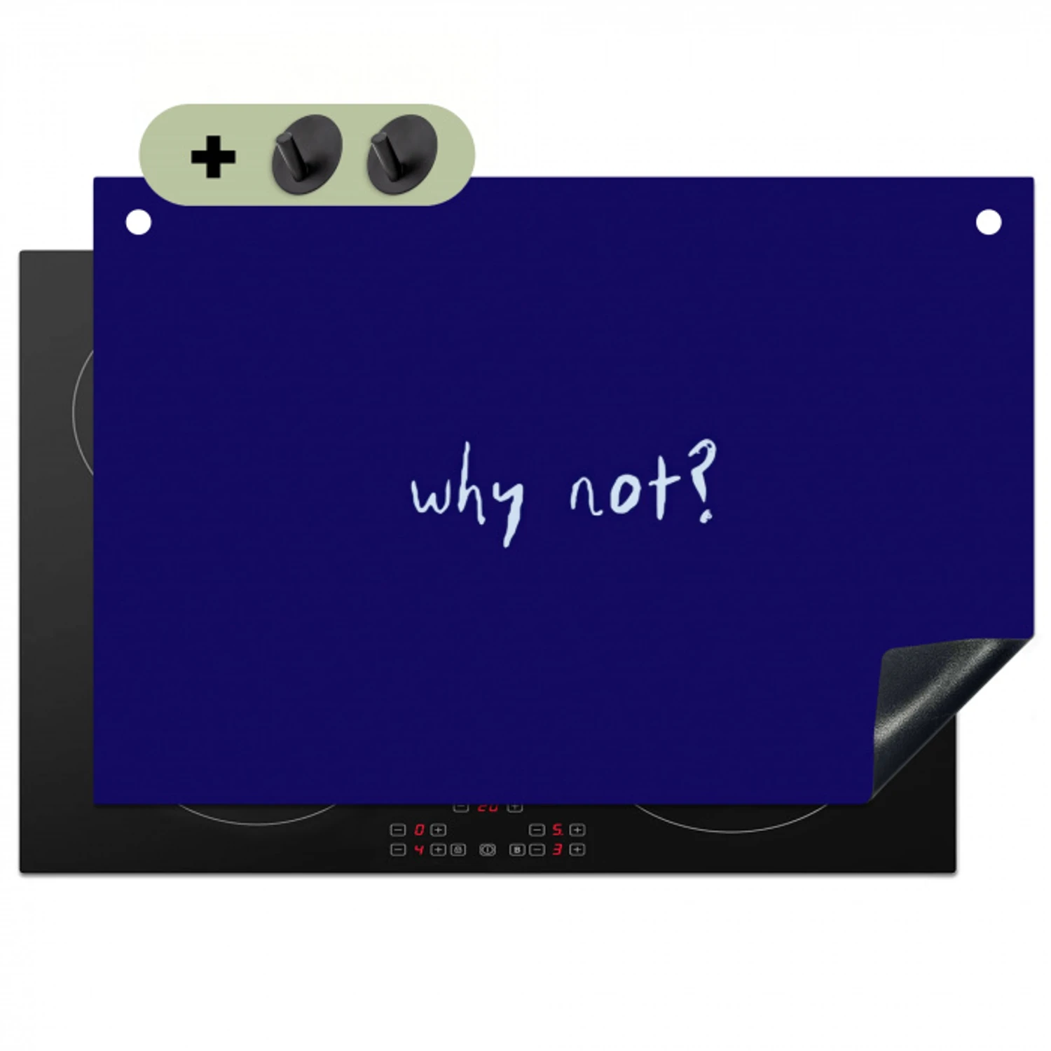 Why not - Blauw - Handgeschreven Inductie beschemer met haakjes klein -3d