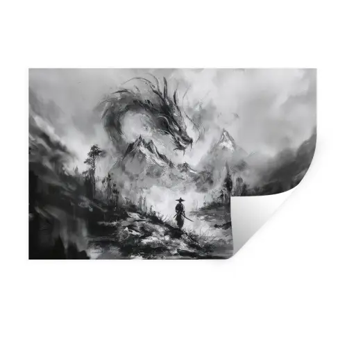 Krijger - Draak - Grijs Muursticker klein -3d