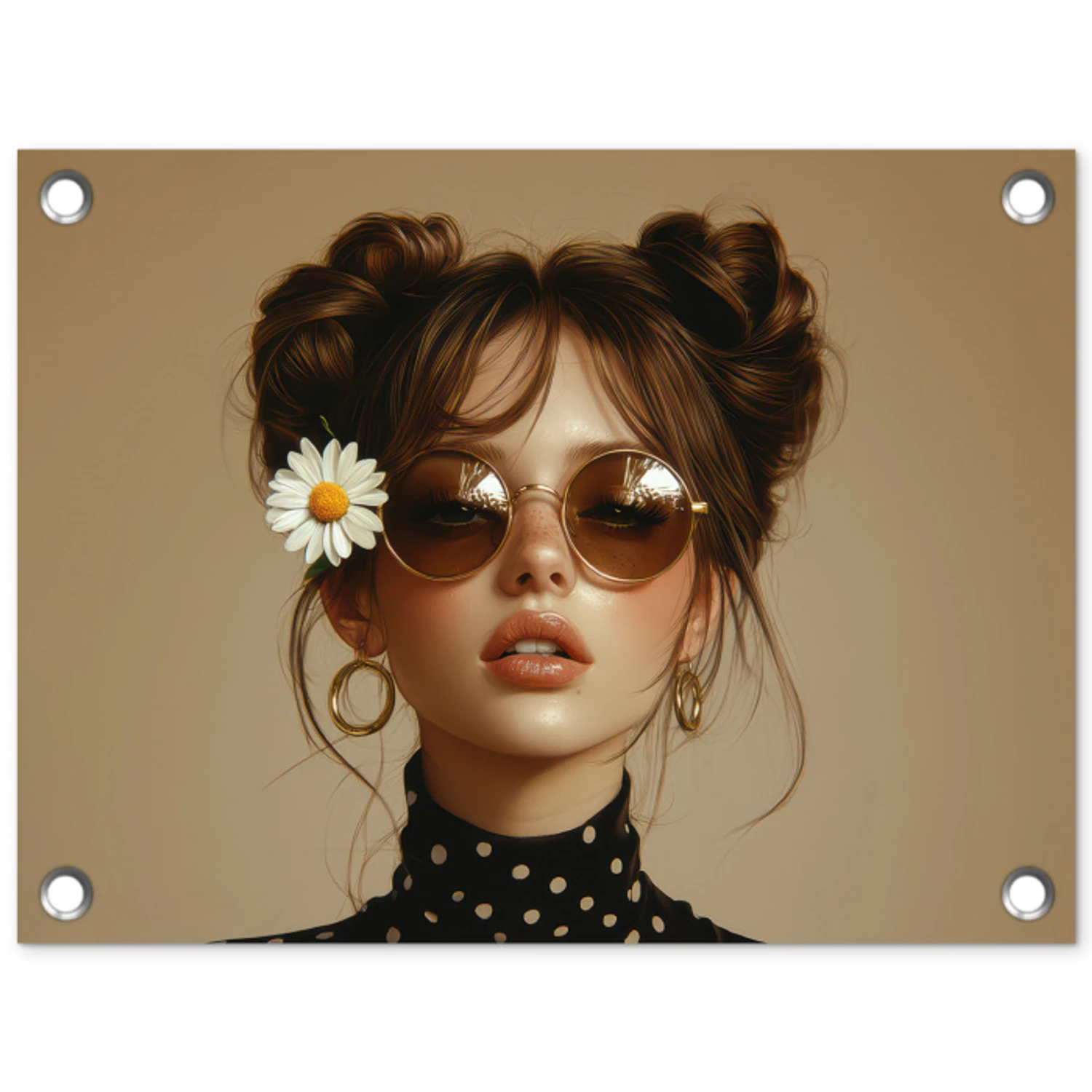 Vrouw - Beige - Bloem - Modern - Portret tuinposter los doek klein -3d