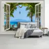 Doorkijk - Boom - Zee - Palmboom - Heuvels - Strand - Blauw fotobehang vinyl groot -slaapkamer
