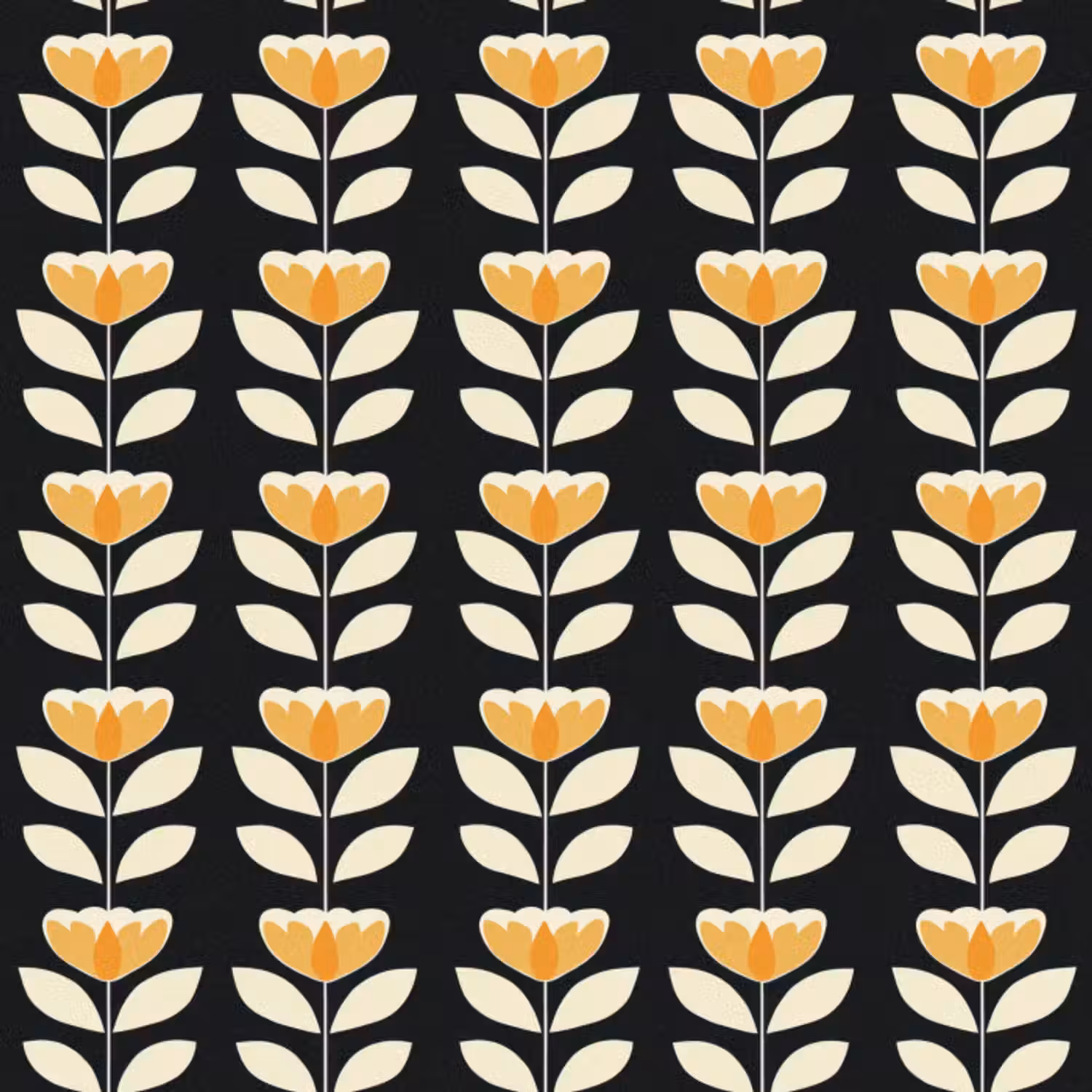 Behang - Retro - Bloem - Zwart - Okergeel