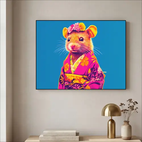 Muis - Kimono - Bloemen - Blauw Textielframe zwart klein -sfeer2