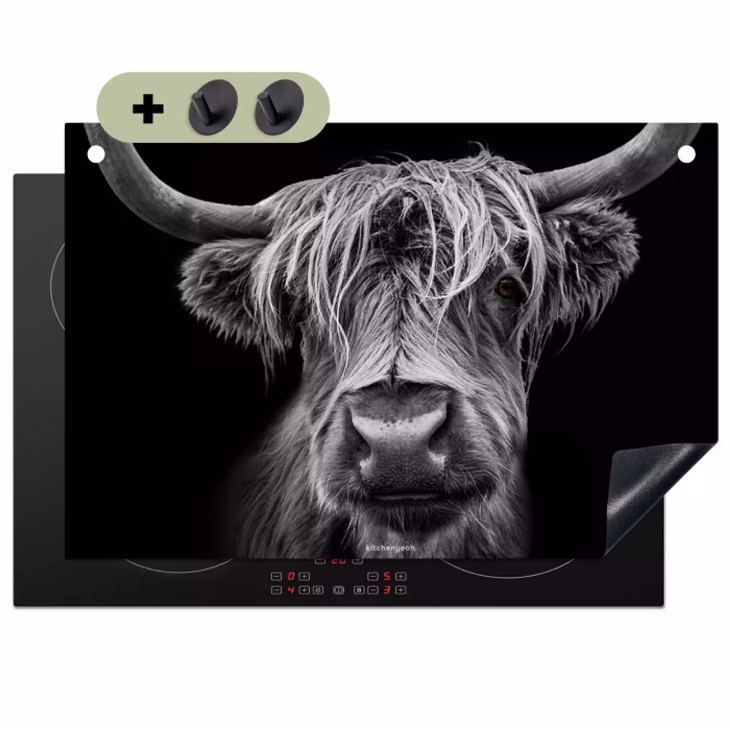 Schotse hooglander - Zwart - Wit Inductie beschemer met haakjes klein -3d