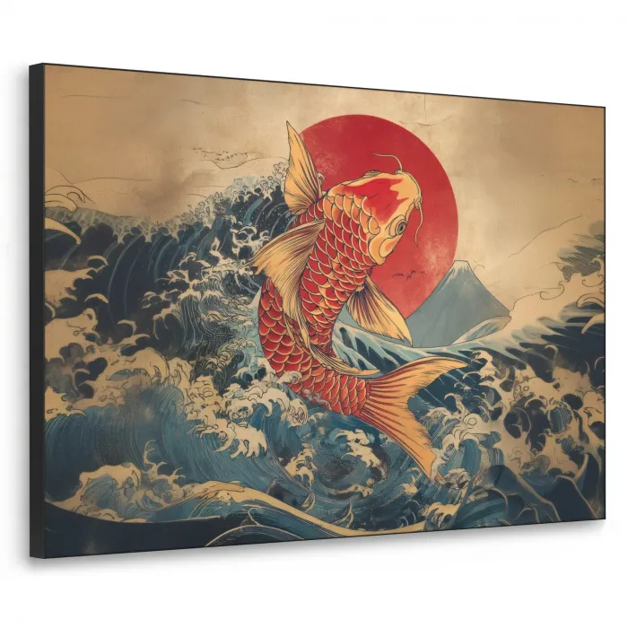 Koi - Zee - Golven - Zon Textielframe zwart klein -3d