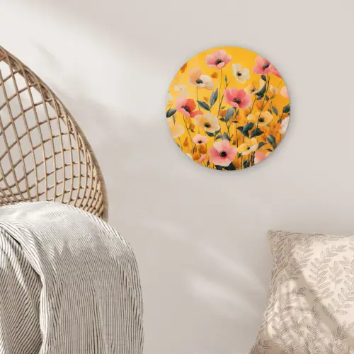 Bloemen - Veld - Geel Wandcirkel kunststof plaat 5mm dik klein -sfeer5