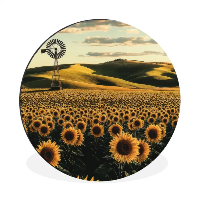 Zonnebloem - Veld - Windmolen Wandcirkel aluminium klein -3d