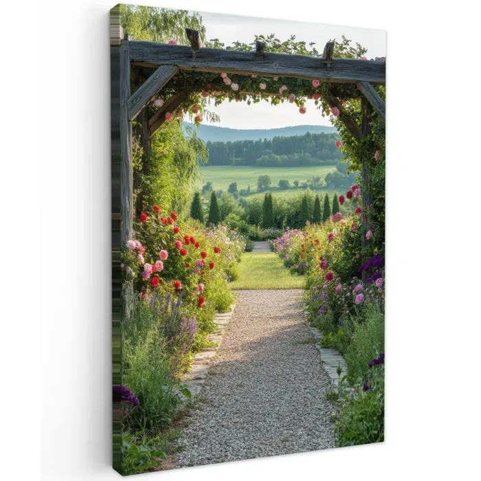 Doorkijk - Landschap - Natuur - Tuinboog - Bloemen Tuinposter op houten frame 2 cm dik klein -3d