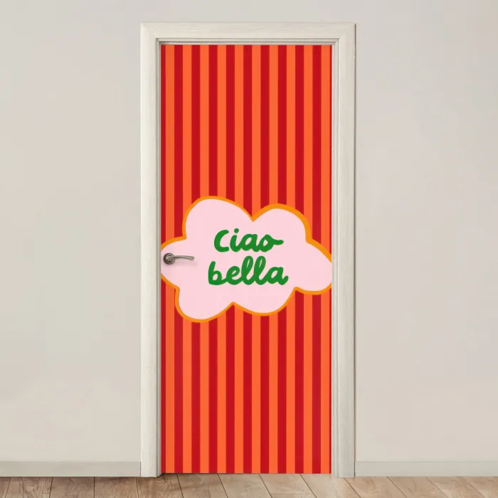 Ciao bella - Tekstwolk - Strepen - Oranje deurposter klein -3d_beige