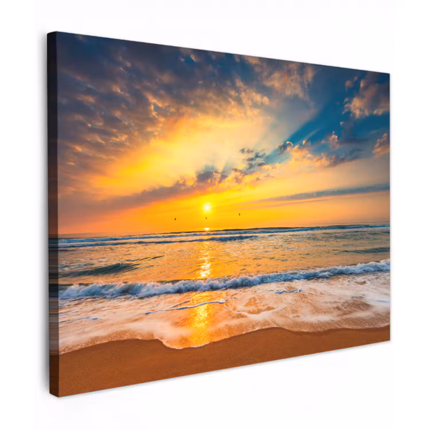 Leinwandbild - Sonnenuntergang - Strand - Meer - Wolken - Orange