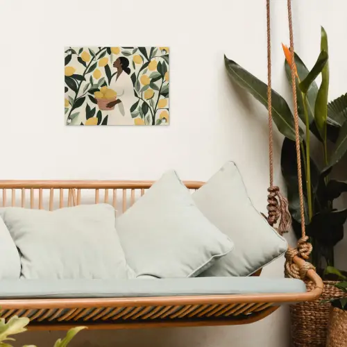 Vrouw - Mand - Citroenen - Bladeren tuinposter los doek klein -sfeer7