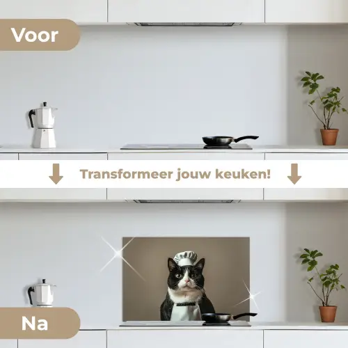 Kat - Kokskleding - Zwart - Wit keuken achterwand spatscherm klein -voor_na_NL
