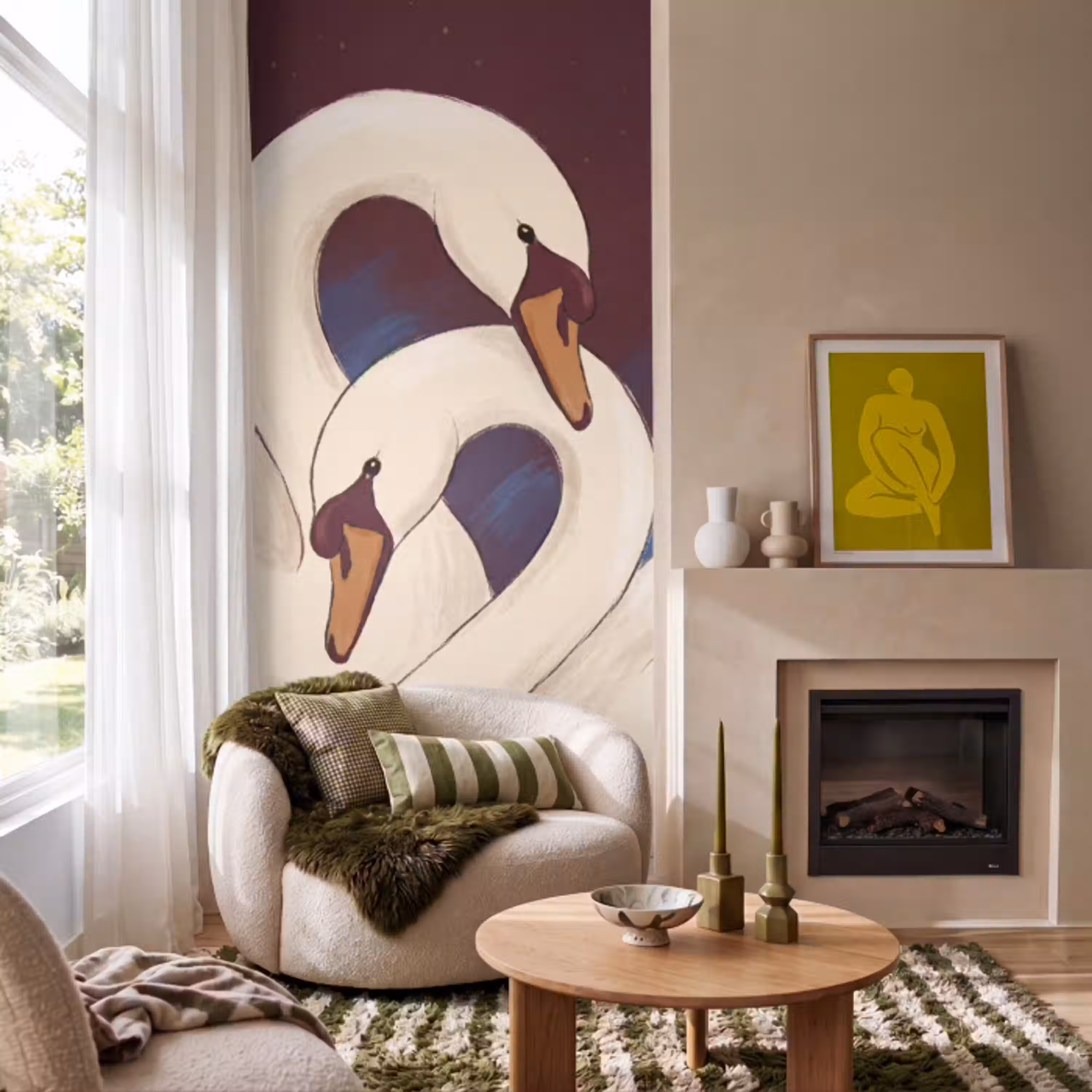 Vogel - Koppel - Liefde - Abstract - Wit Behang Vlies klein -sfeer2