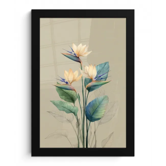 Paradijsvogelbloemen - Blauwgroene bladeren - Beige fotolijst zwart zonder passe partout klein -3d