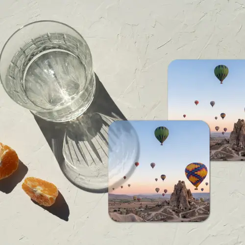 Luchtballonnen - Rotsen - Zonsopgang onderzetter kurk middel -sfeer4