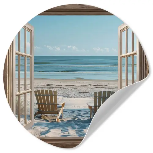 Doorkijk - Strandstoelen - Duinen - Zee - Natuur Wandcirkel behangsticker klein -3d