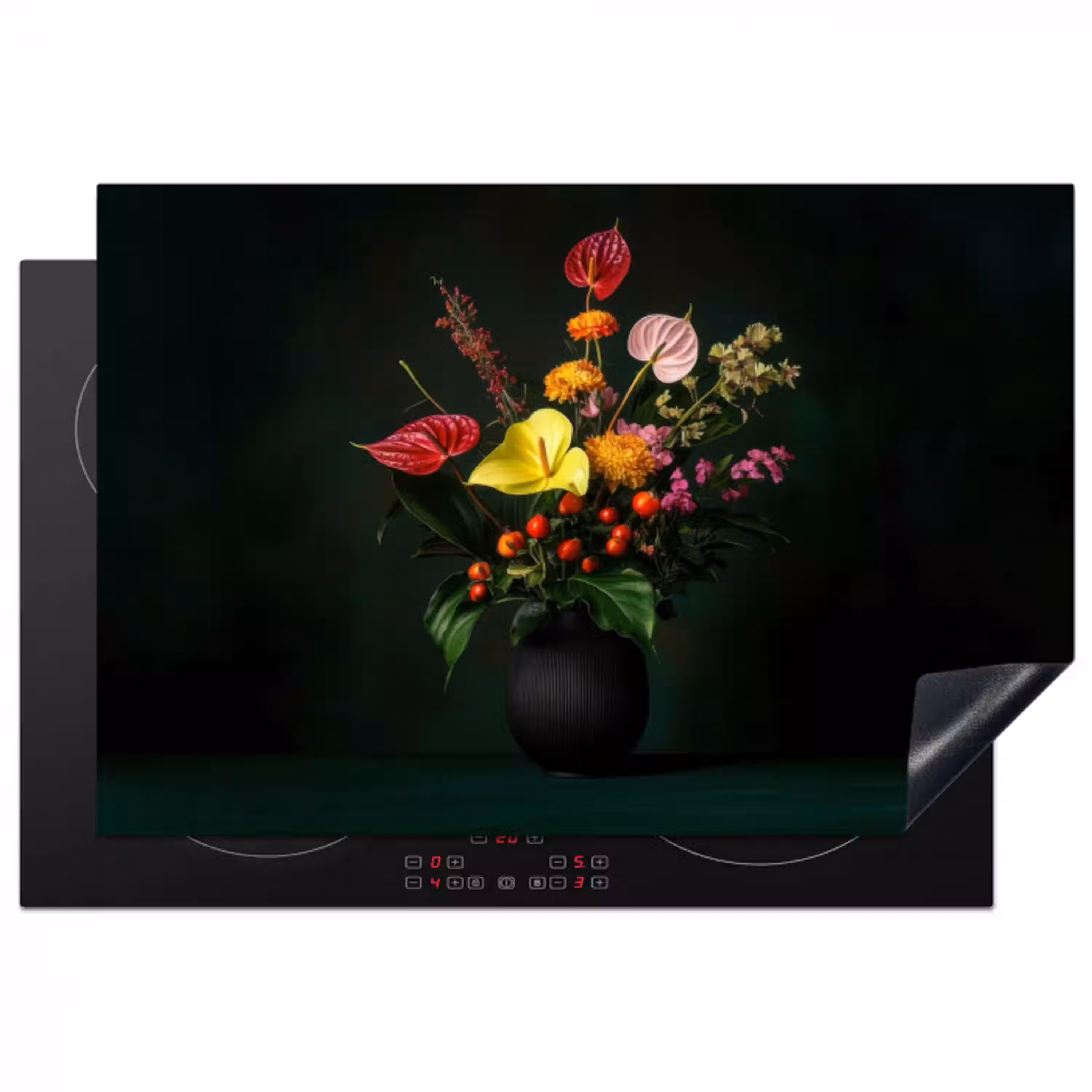Bloemen - Vaas - Zwart Inductie beschermer vinyl 3mm klein -3d