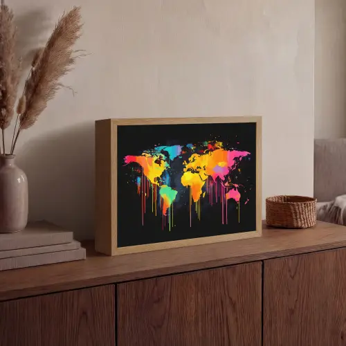 Wereldkaart - Verf - Kleurrijk - Graffiti - Wereld Light Box met batterij (Wandlamp) middel -sfeer2