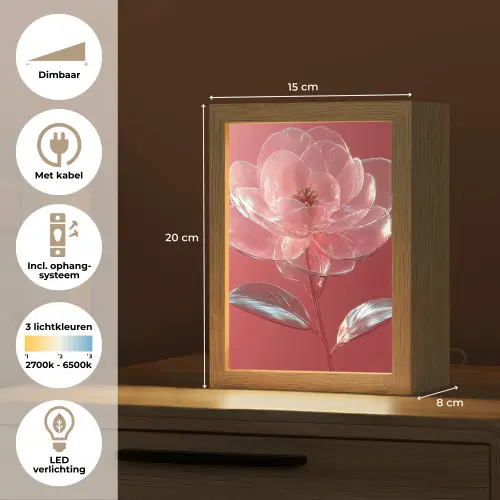 Sierlijk - Bloem - Roze - Glazen Light Box met kabel (Tafellamp) klein -USP_NL