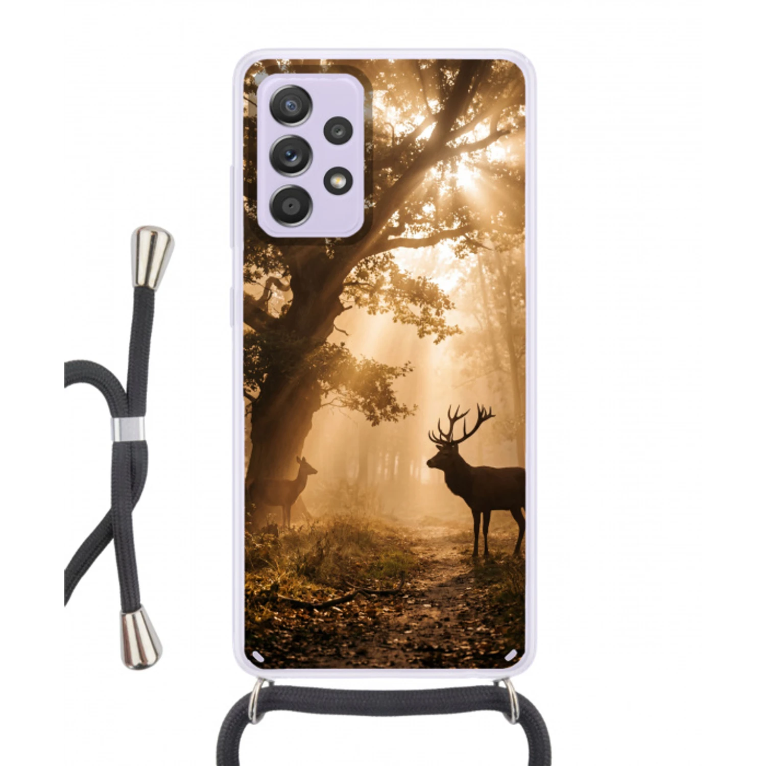 Hert - Bos - Mistig - Natuur - Goud Hoesje Samsung Galaxy A52 5G met koord klein -3d
