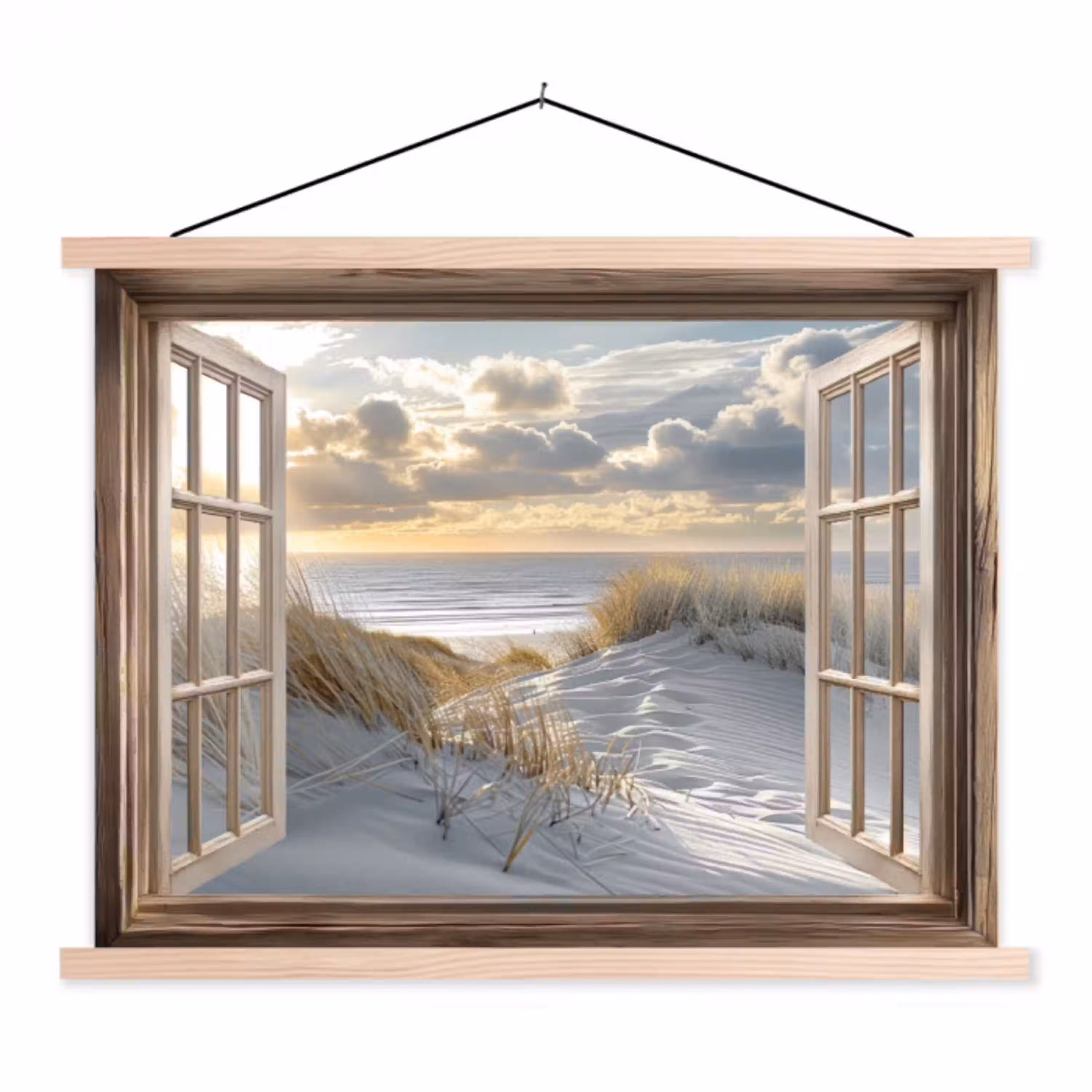 Doorkijk - Strand - Duinen - Zee - Natuur textielposter latten blank klein -3d