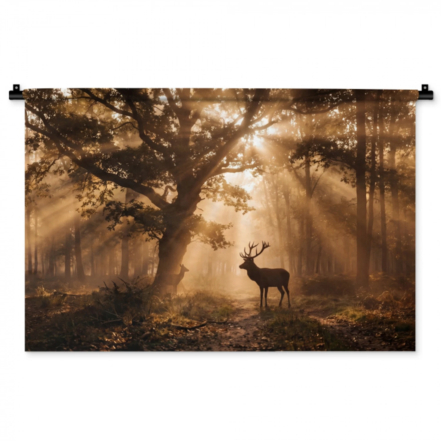 Hert - Bos - Mistig - Natuur - Goud Wandkleed katoen middel -zz3d