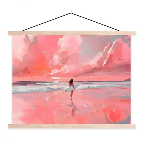 Roze - Surfen - Zee textielposter latten blank klein -3d