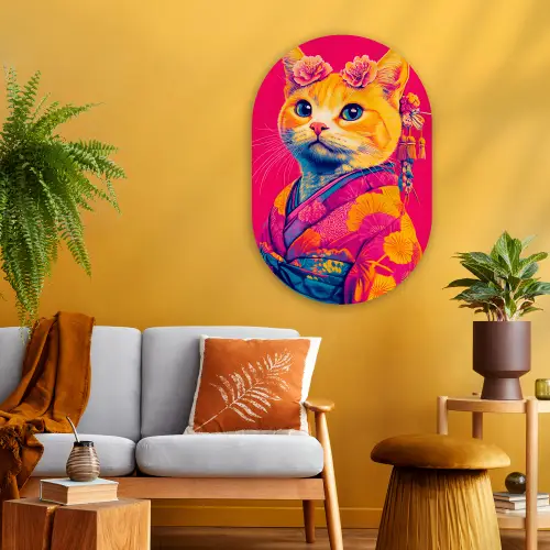 Kat - Kimono - Bloemen - Roze Wandcirkel Ovaal Glas middel -sfeer4