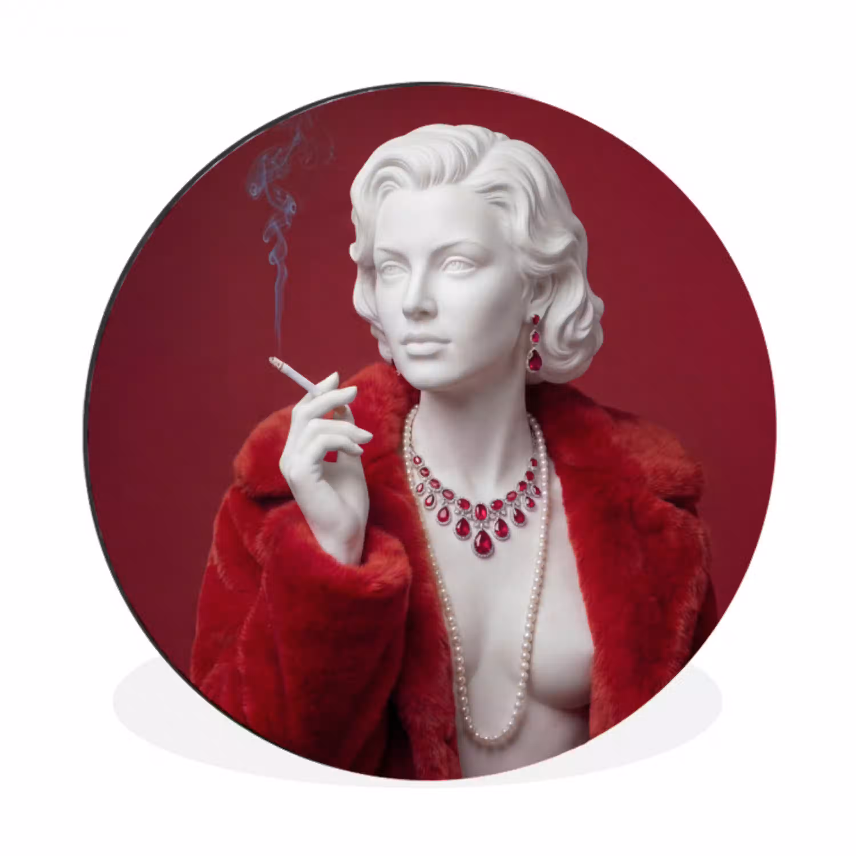 Vrouw - Bontjas - Mode - Klassiek - Rood Wandcirkel aluminium klein -3d